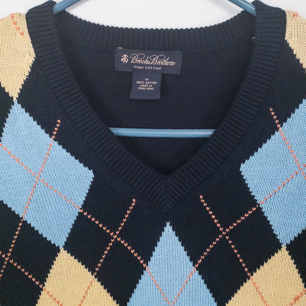 Brooks Brothers Sweater Mens M Navy Argyle V-Neck Pima Cotton Preppy Ivy - Picture 5 of 11